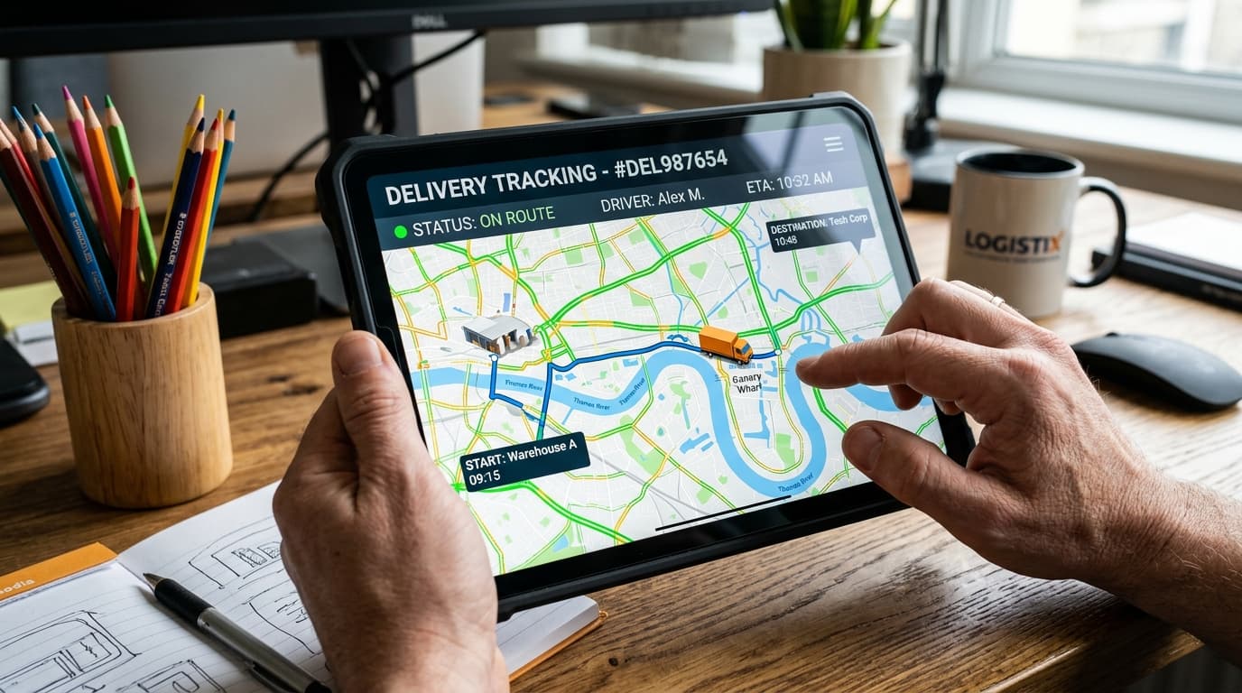 Logistics Specialist Tracking Modern Freight Delivery on Tablet