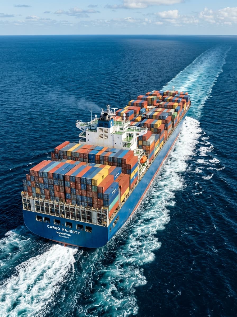 Heavy Ocean Container Carrier Ship on Deep Blue Sea