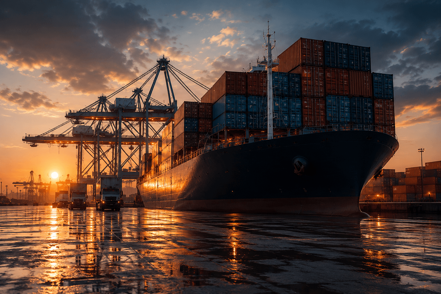 Container Port Ship at Sunset